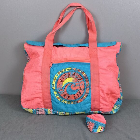 Vintage Gitano Surf Life Duffle Bag Matching Wrist Bag Windbreaker Neon Tote - Picture 1 of 14